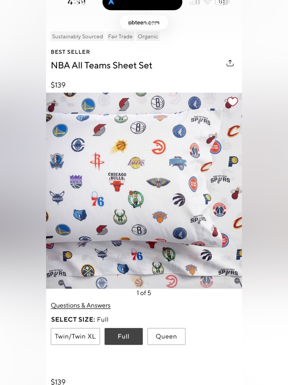 NWOT pottery barn teen NBA Basketball organic sheet set full